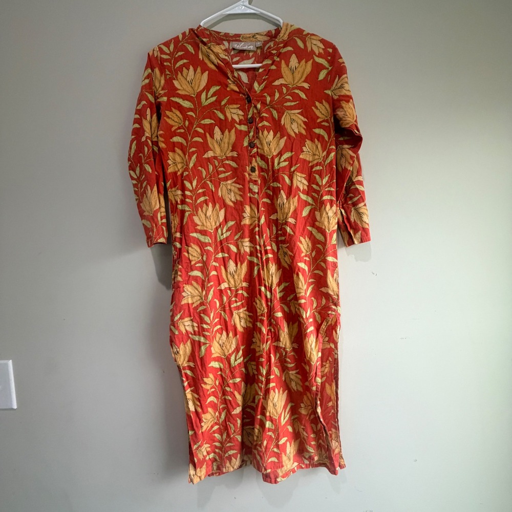 Utsa Floral Kurta Tunic Women Small Red Cotton Boho Floral
